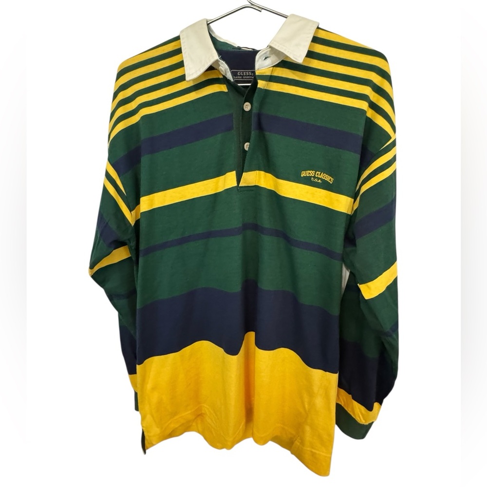 Vintage Guess Classics Green and Yellow Striped Rugby Polo Shirt Men’s M MINTY